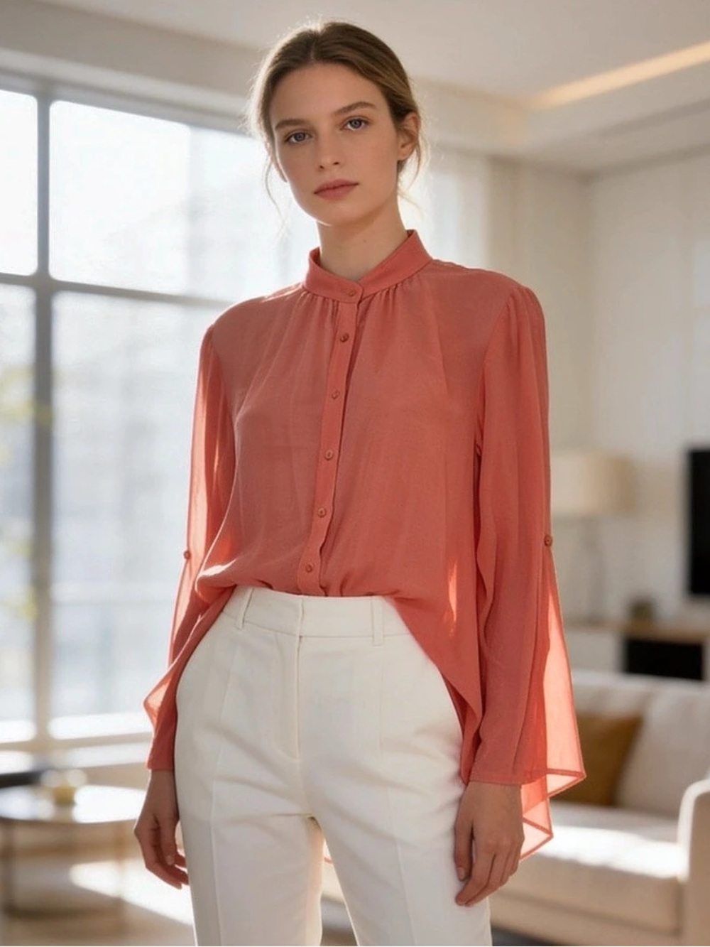 Hinge 100% Silk Coral Button Front High Low Blouse XS Like New
